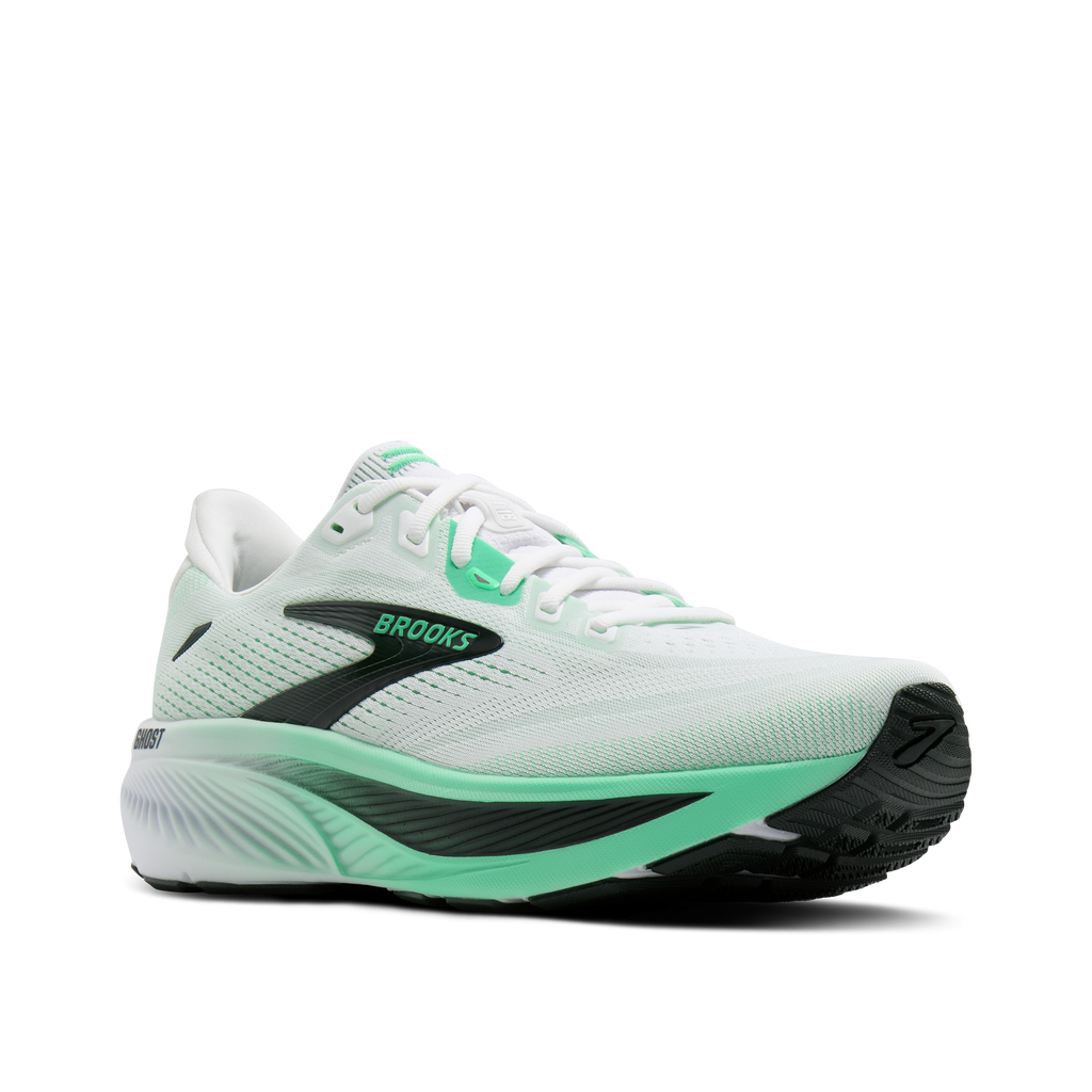 Brooks Men's Ghost 18 183 White/SpringBud/Spruce pair angle