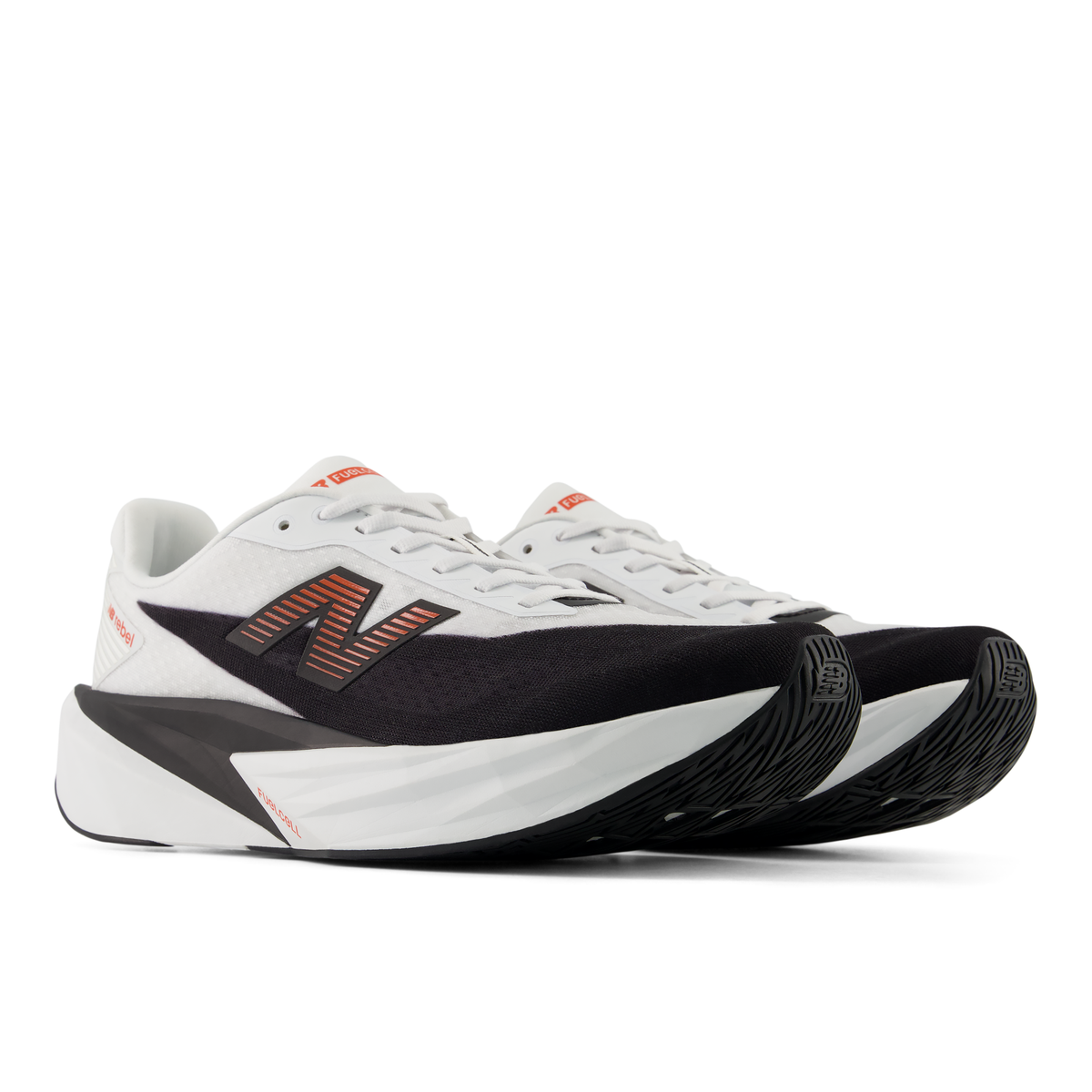 New Balance Men's Fuelcell Rebel v5 93C White/Neoflame pair angle